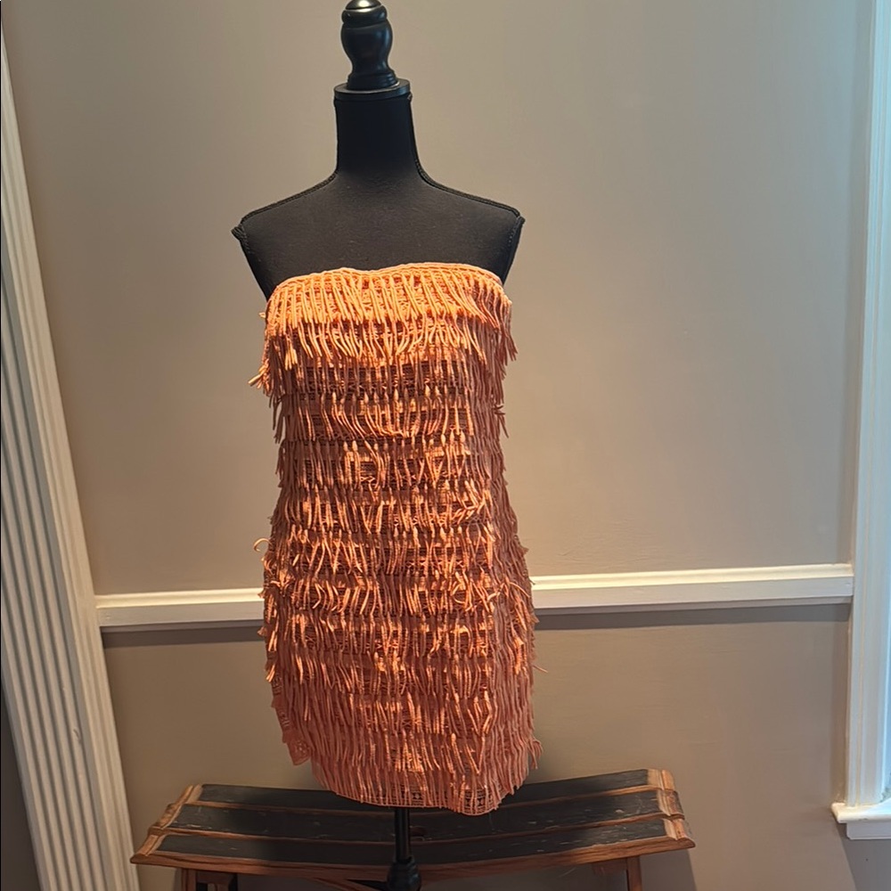 Fringe Strapless Dress in Vibrant Orange